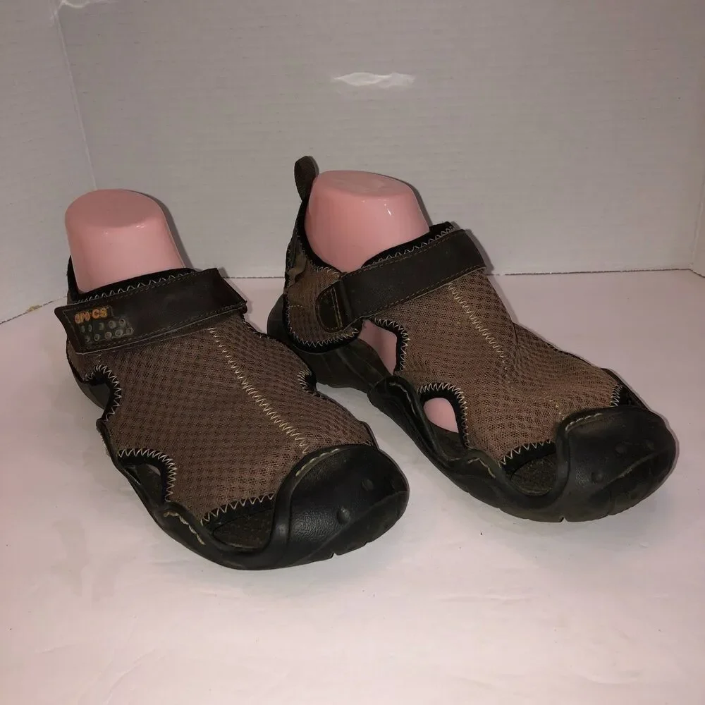 Crocs Mens Size 10 Brown Black Swiftwater Fisherman Mesh Deck Sandals Shoes